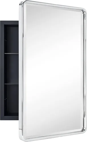 Miniatura 12 de TEHOME Botiquín de baño empotrado con marco de metal dorado cepillado con espejo rectangular redondeado con espejo biselado de 16 x 24 pulgadas