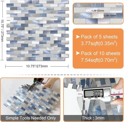 Miniatura 6 de VAOVI Azulejos de cocina para salpicaduras de metal adhesivo de ladrillo adhesivo adhesivo de mosaico de pared de baño impermeable