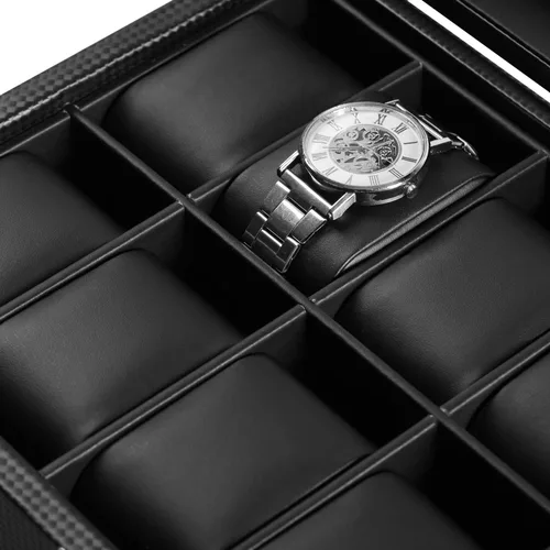 Miniatura 5 de BASTUO Caja de reloj 20 relojes organizador de exhibición de cuero de fibra de carbono de lujo, caja de colección de joyas para hombres y mujeres