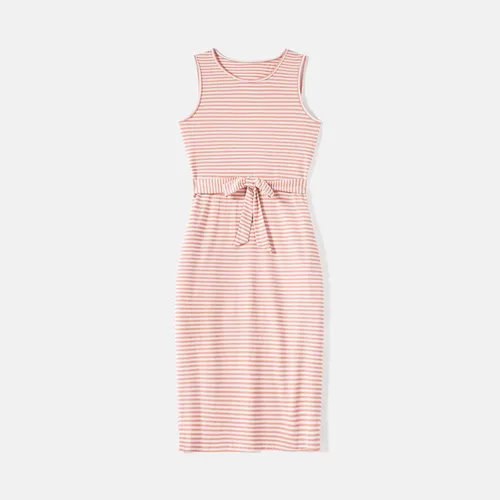 Miniatura 5 de IFFEI Mommy and Me - Vestidos de verano para mujer, sin mangas, a rayas, vestido casual con lazo en la cintura, mini vestidos familiares a juego