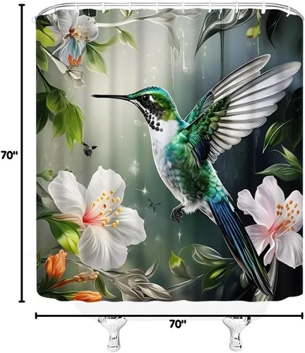 Miniatura 7 de Cortina de ducha de flores de colibrí, acuarela, hojas verdes, pájaros, jardín, naturaleza, paisaje, cortinas de decoración de baño con ganchos, 35