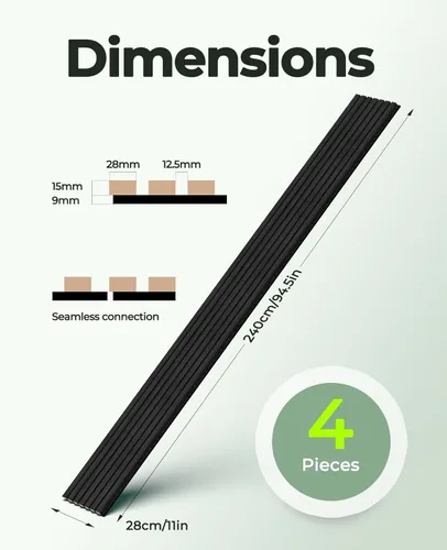 Miniatura 8 de 4 piezas de paneles de pared de listones de madera, paneles insonorizantes de 92.5 x 11 pulgadas para paredes, paneles de pared de madera para Gris