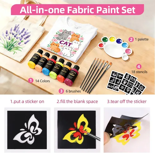 Miniatura 6 de Colorful Pintura permanente para tela, 14 colores de pintura de tela suave en botellas (1.0 fl oz/1 oz) con pinceles, paleta, pintura textil