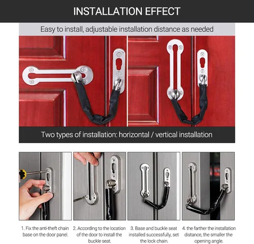 Miniatura 7 de Cerradura antirrobo, cadena de seguridad, protector de puerta reforzado de acero inoxidable sólido para puertas batientes