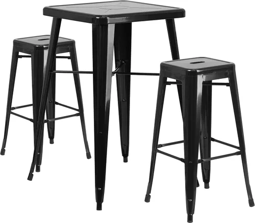 Miniatura 2 de EMMA + OLIVER Comercial 23.75SQ Negro Metal Indoor-Outdoor Bar Table Set-2 Taburetes Sin Respaldo
