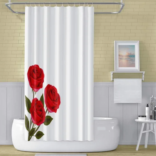Cortina de ducha con diseño de rosas rojas, romántica, floral, botánica, cortina de baño blanca, tela de poliéster impermeable, estilo mujer, juego