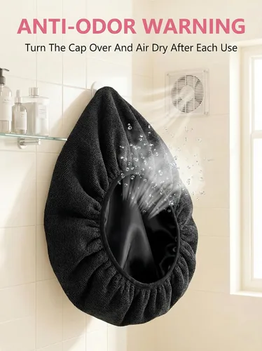 Miniatura 7 de Aquior Gorro de ducha con forro de rizo para mujer, reutilizable, triple capa impermeable, extra grande para mujeres de pelo largo (negro)