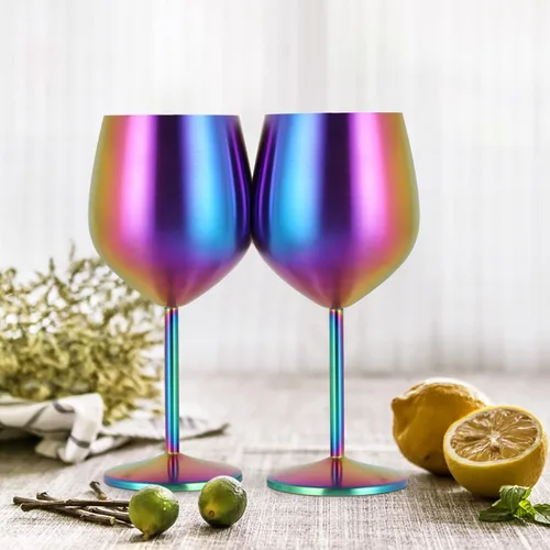 Miniatura 5 de Lifecapido Juego de 6 copas de vino de acero inoxidable, copas de vino coloridas de acero inoxidable de 18 onzas, copas de vino de metal con tallo