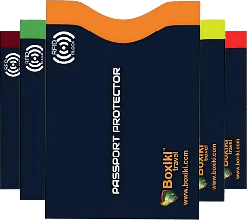 Boxiki Travel - Fundas de bloqueo RFID con código de color para evitar robos de identidad y sobres de bloqueo RFID (azul marino)