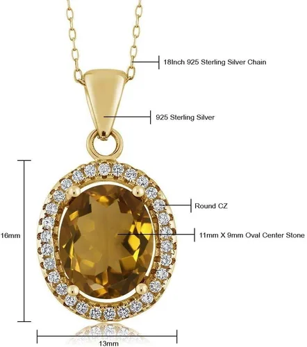 Miniatura 41 de Gem Stone King Collar con colgante de plata chapada en oro amarillo de 18 quilates de 0.433 x 0.354 in con piedra natal ovalada para mujer