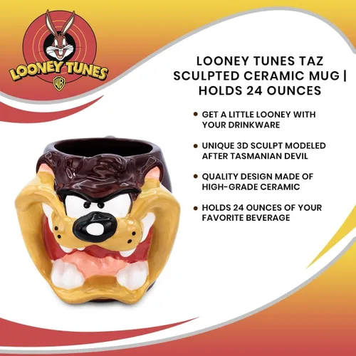 Miniatura 6 de Silver Buffalo Looney Tunes Taz Face - Taza de cerámica esculpida en 3D, 24 onzas