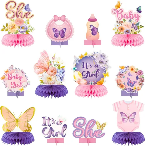 JAPBOR 12 centros de mesa de mariposa para baby shower, fiesta de panal de abeja, decoraciones moradas y rosas para fiesta de revelación de género