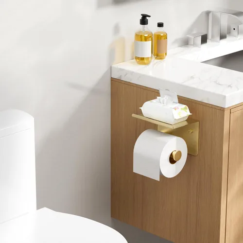 Miniatura 2 de Portarrollos de papel higiénico con estante, montaje en pared adhesivo o con tornillos, portarrollos de papel higiénico para baño, dispensador