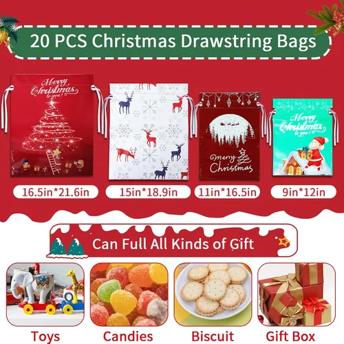 Miniatura 4 de Bolsas de regalo de Navidad con cordón, 20 bolsas de Navidad de varios tamaños para regalos, bolsas de plástico a granel, bolsas de regalo
