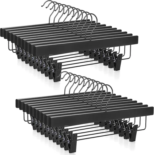 Miniatura 10 de TOPIA HANGER Perchas para pantalones, paquete de 10 perchas de bambú con clips negros y gancho giratorio, perchas duraderas de madera natural