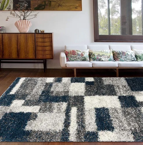 Rugshop Alfombra de felpa de cuadros modernos desgastados azul marino, no desprende pelusa, suave para sala de estar, comedor y oficina, 7 pies 10
