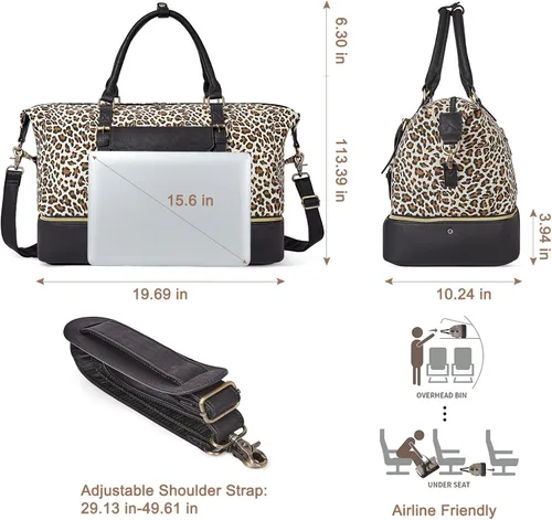 Miniatura 3 de CLUCI Bolsa de fin de semana para mujer, de cuero, grande, con compartimento para zapatos, Patrón de leopardo con negro