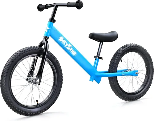 Bicystar Bicicleta de equilibrio para niños de 16 pulgadas para niños de 5 a 8 años, sin pedales, neumáticos de aire, reposapiés, altura ajustable