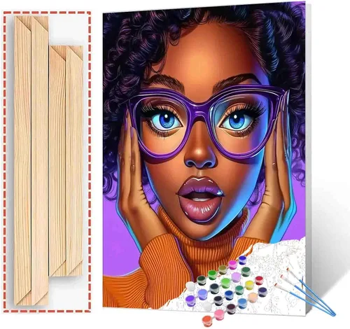 Miniatura 31 de Pintura de niña afro a la moda, kits de pintura por números, 16 x 20 pulgadas, lienzo de hojas tropicales, pintura al óleo para niños y adultos
