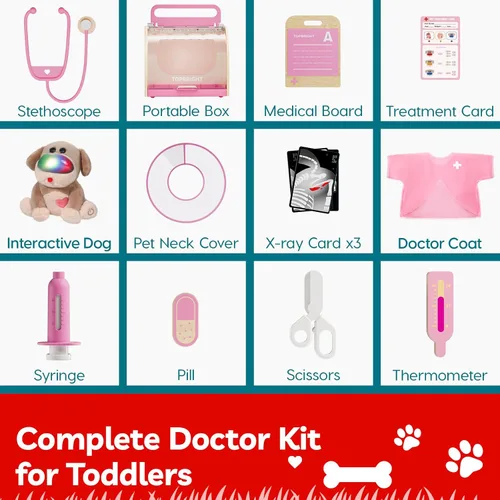 Miniatura 7 de TOP BRIGHT Kit de médico para niños pequeños de 3 a 5 años, juego de simulación con disfraz de veterinario rosa, kit de DR juguetes de vestir