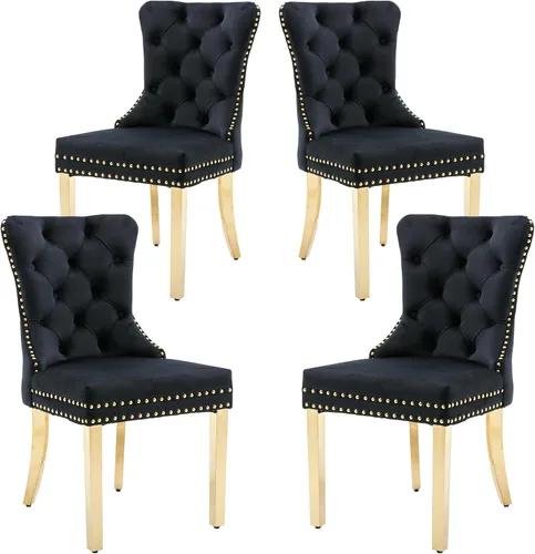 Miniatura 46 de KCC Nikki Collection - Juego de 4 sillas de comedor de terciopelo tapizadas de alta gama con anillo trasero de clavo, patas de madera maciza