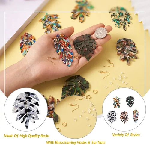 Miniatura 4 de Mega Pet Kit de fabricación de aretes, 10 colgantes de hoja de resina de acetato de celulosa con 20 ganchos de latón para aretes, 30 anillos