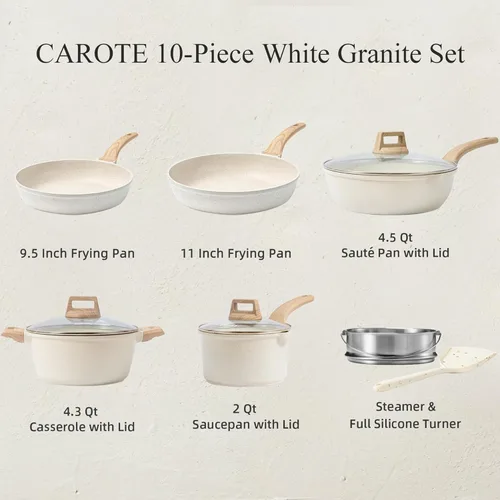 Miniatura 2 de CAROTE 10Pcs Pots and Pans Set Nonstick, Non Stick Cooking Set w/Frying Pans & Saucepans, Induction Kitchen Cookware Set Blanco