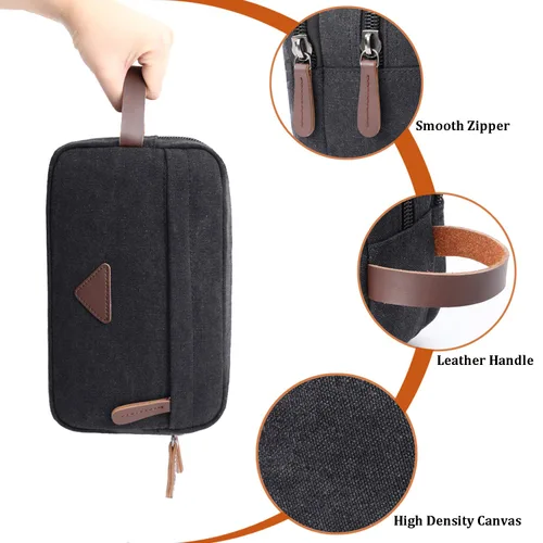 Miniatura 5 de Mactso Neceser para hombre, kit de viaje de cuero de lona vintage con 2 compartimentos, cremallera resistente, 9.5 x 5.5 x 4 pulgadas, organizador