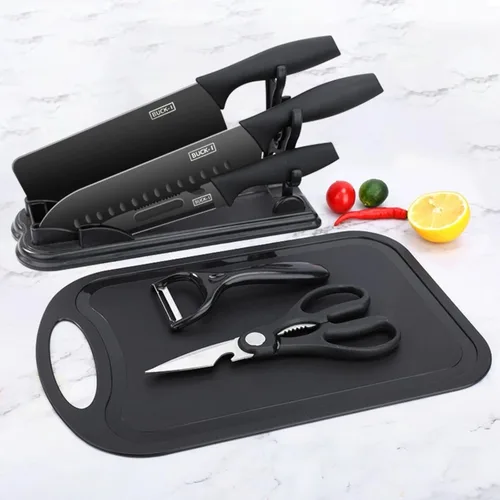 Miniatura 2 de Juego de cuchillos de cocina negros de 7 piezas con soporte y tabla de cortar, cuchillos de acero inoxidable antiadherentes con tijeras y pelador