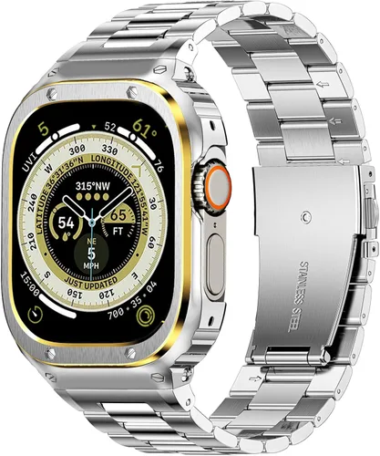 Miniatura 21 de MioHHR Correa y funda de acero inoxidable compatible con Apple Watch Band de 1.614 in, 1.575 in y 1.496 in, cubierta protectora de metal para Negro