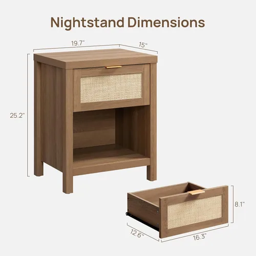 Miniatura 3 de SICOTAS Juego de 2 mesitas de noche de ratán, mesita de noche de granja con cajón y estante de almacenamiento, mesa auxiliar bohemia para Roble