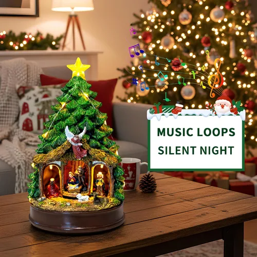 Miniatura 6 de Árbol de Navidad Iluminado y Animado Escena de Natividad del Pesebre, Figuras Musicales de la Familia de Ángeles con Luz LED que Reproduce Música