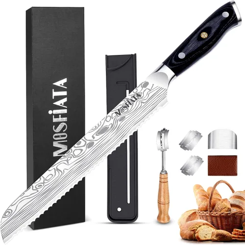 Miniatura 19 de MOSFiATA - Cuchillo de chef profesional súper afilado de 8 pulgadas con protector de dedos y sacapuntas, acero inoxidable alemán de alto carbono