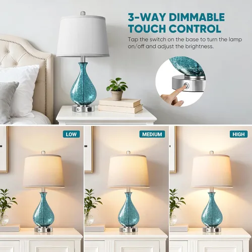 Miniatura 3 de QiMH Juego de 2 lámparas de mesa de cristal para sala de estar y dormitorio, luz LED de 22.5 pulgadas con control táctil, azul de 3 vías regulables