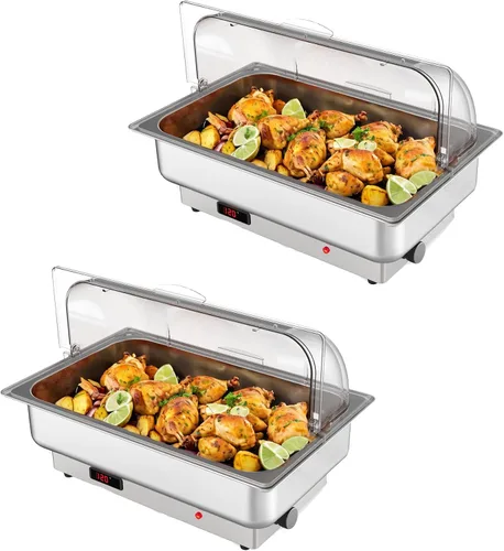 Miniatura 13 de GarveeHome Juego de bufé eléctrico de acero inoxidable con tapa enrollable con 1 sartén de 9 cuartos de galón, control de temperatura de 400 W