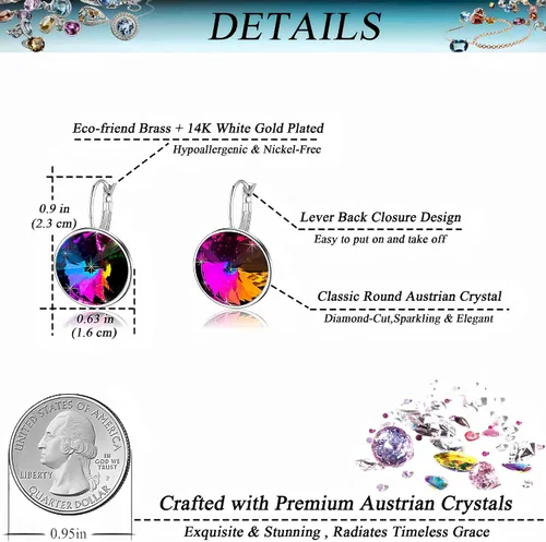 Miniatura 4 de Aretes de aro redondos de cristales austriacos para mujer, chapados en oro de 14 quilates, hipoalergénicos