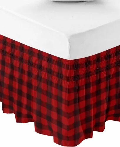 Miniatura 2 de Falda de cama a cuadros rojos y negros, tamaño Cal King, con caída de 18 pulgadas, ajustable y elástica, plisada, con volantes antipolvo de lujo