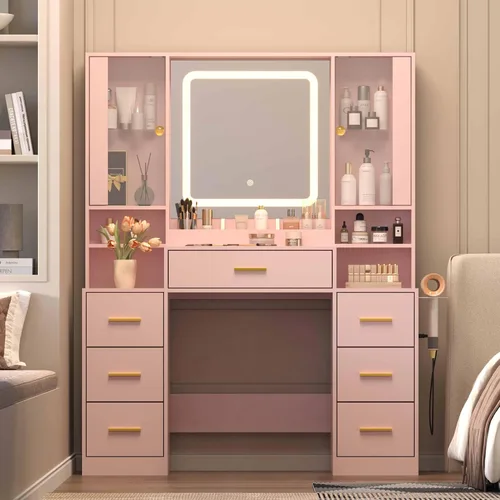 Miniatura 6 de Escritorio de maquillaje con espejo y luces, tocador negro de 43 pulgadas con parte superior de cristal, almacenamiento de joyas, 3 cajones