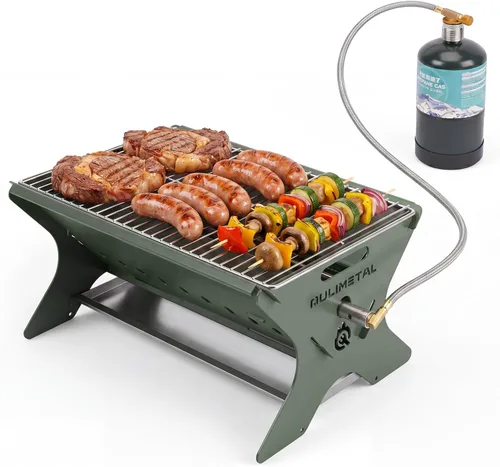 QuliMetal Portable Camping Grill, Foldable 3-in-1 Charcoal Wood Gas Grill with Carry Bag, Heavy-Duty Stainless Steel BBQ Fire Pit for Outdoor