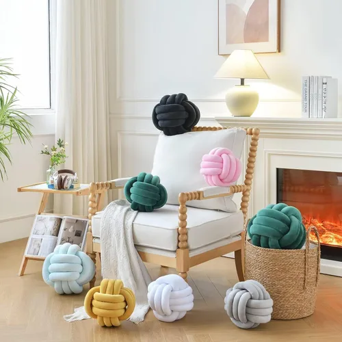 Miniatura 4 de Almohada de nudo suave de felpa, cojín redondo de bola anudada de 8 pulgadas, decoración de nudo negro para dormitorio y sala de estar