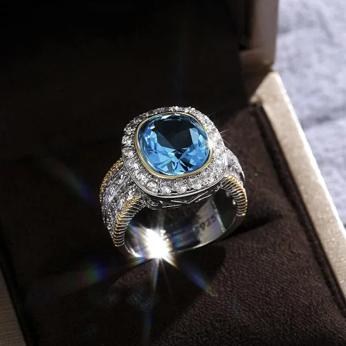 Miniatura 2 de Anillo de plata de ley 925 brillante con piedras preciosas de diamante completo, anillos de circonita cúbica azul, anillo de múltiples filas, anillo
