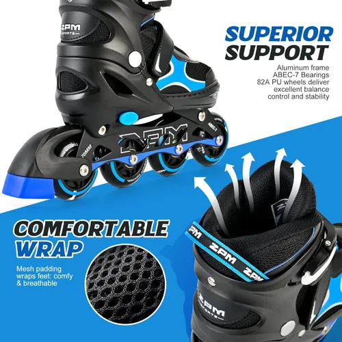 Miniatura 4 de 2PM SPORTS Patines en línea para niños y niñas, niños de 5 a 8 a 12 años, 4 a 6, 6 a 12 años, con ruedas iluminadas, cuchillas ajustables para Azul