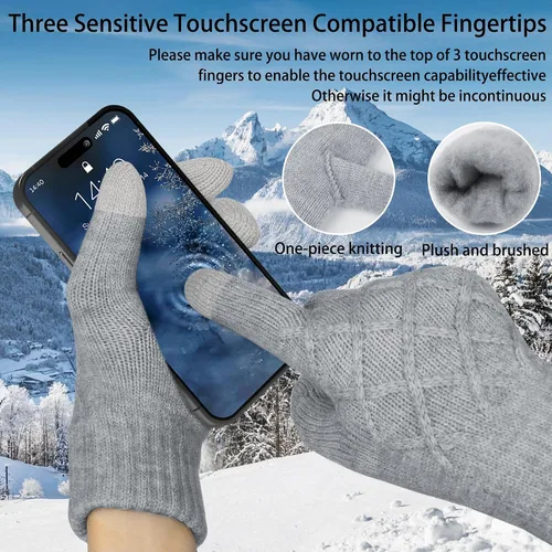 Miniatura 5 de Gorros de invierno para mujer, bufanda, guantes para pantalla táctil, juego cálido con patrón de cuadrícula, gorro holgado de punto con forro polar