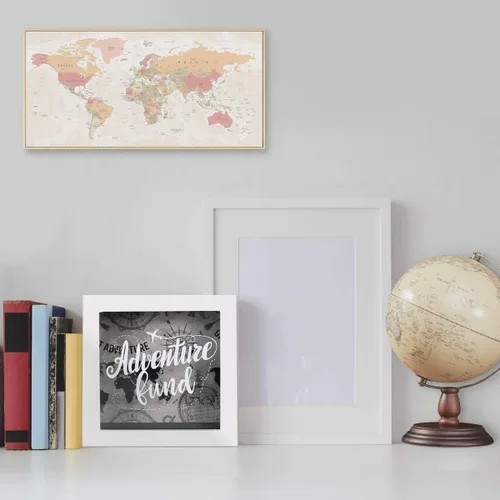Miniatura 3 de 6x6 White Shadow Box Adventure Fund Mapa del mundo Caja de ahorro de dinero de madera, caja de memoria de fondos de viaje, exhibición decorativa