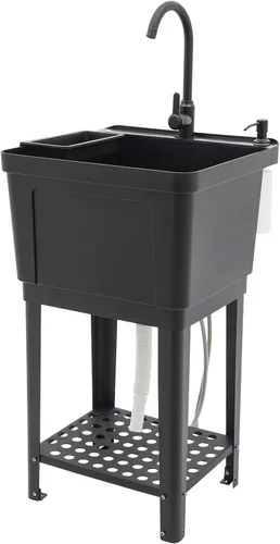 Miniatura 19 de Fregadero de plástico independiente con tabla de lavadero, lavabo para lavandería, lavabo con grifo caliente y frío para garaje, sótano, jardín