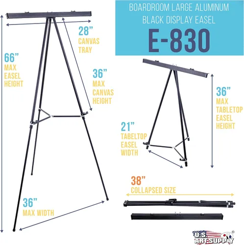 Miniatura 2 de U.S. Art Supply Caballete de aluminio negro de 66 pulgadas de alto para sala de juntas y soporte de presentación, piso / mesa ajustable, trípode