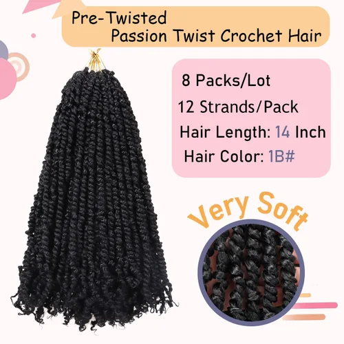 Miniatura 3 de 8 paquetes de extensiones de cabello sintético pretrenzado y prerrizado de ganchillo de 14 pulgadas, con rizos de pasión, para mujeres negras