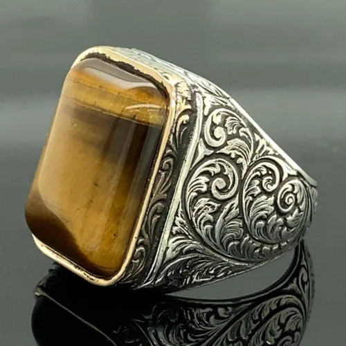 Miniatura 2 de Men Handmade Ring, Tiger Eye Stone Ring, Natural Tiger Eye Gemstone Ring, Turkısh Handmade 925k Sterling Silver Ring, Gift For Him