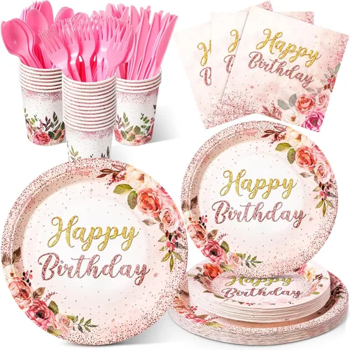 Roshtia 175 piezas de suministros florales para fiesta, sirven a 25 invitados, juegos de vajilla de rosa de feliz cumpleaños para adultos y mujeres,
