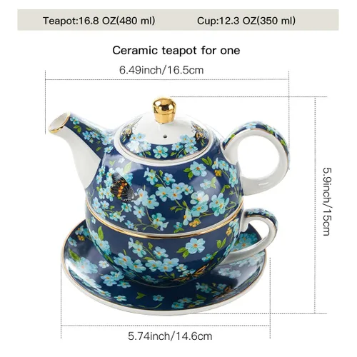 Miniatura 2 de Juego de té para uno, tetera y taza de porcelana, juego de té para una persona, tetera floral, juego de té de regalo para mujeres, mariposa azul